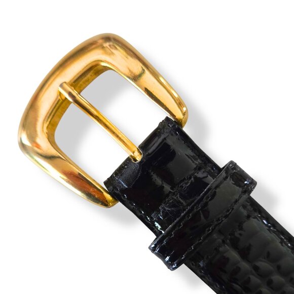 Vintage German Elephant Belt Black Patent Leather Gold Hardware Sz 90 Good Luck - Picture 9 of 12